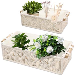 Opbergmand Set van 2 Gevlochten Macramé Opbergmanden - Boho Decoratie Decoratieve Doos Handwerk van Katoenen Touw - Handgrepen Geschenkmand Broodmand Snacks Opbergen