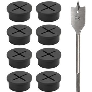 8 stuks flexibele siliconen kabeldoorvoer voor bureau 25 mm met 1 boorpunt - zwart, ronde kabelafdekking voor thuis en kantoor