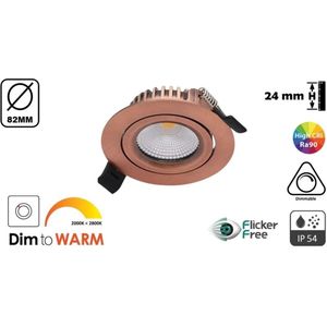 Inbouw LED Spot Koper- 5W - 420 Lumen - Dim To Warm - Kantelbaar - IP44 - Dimbaar - CRI90 - Gatmaat 72mm