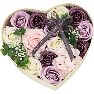 Kunstbloemen - Geschenkset vrouwen - Rozen van geurige zeep - Hartvormige - Valentijn cadeau - Valentijn cadeautje voor haar - Valentijn - Cadeau - Geschenk - Verjaardag - Moederdag - Moederdag cadeautje - Inclusief kaart - Paars
