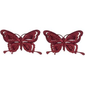 2x Kerst decoratie vlinders bordeauxrood 14 x 10 cm - Kerstboom versiering/decoratie vlinder op clip