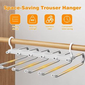 Ruimtebesparende broekhanger 6-in-1 - 2 stuks van roestvrij staal - uittrekbaar - voor kledingkast - broekhouder - organizer voor broeken - sjaals - jeans trousers hangers