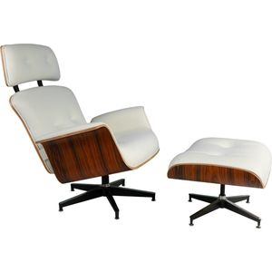 Meubi Lounge Chair + Hocker - Wit - Palissander - Fauteuil - Relaxfauteuil - Stoel - Leer - Armchair - Zetel