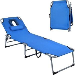Zonneligstoel met hoofdsteun, inklapbare ligstoel, strandstoel met 5 verstelbare rugleuning, tuinligstoel voor tuin, strand, 194 x 60 x 36 cm (blauw)