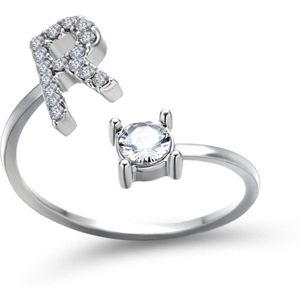 Ring met letter R - Ring met steen - Aanschuifring - Zilver kleurig - Ring Zilver dames - Cadeau voor vriendin - Vrouw - Sieraad meisje - Mooie ring tieners - Alfabet ring R - Ring met initiaal
