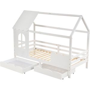 Merax Kinderbed 90x200 cm in Huisvorm met 2 Lades - Huisbed met Uitvalbeveiliging - Speelse Bed met Dak en Raam - Wit