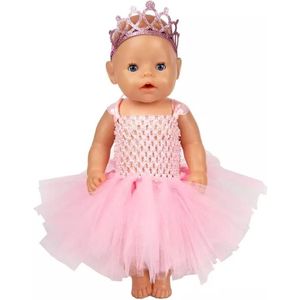 Poppenkleertjes - Ballerina jurk met kroon - Outfit babypop - Roze jurk met wijde tutu en grote strik