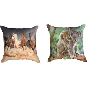 Ulticool  - Kussenhoes - Paarden Zand Natuur Dieren Koala - Set van 2 Kussens - Exclusief Kussenvulling - Sierkussens 45x45 cm - Sierkussenhoes Accessoires - Kussentjes Bank voor Decoratie Woonkamer Slaapkamer Kinderkamer Babykamer - Bruin Groen
