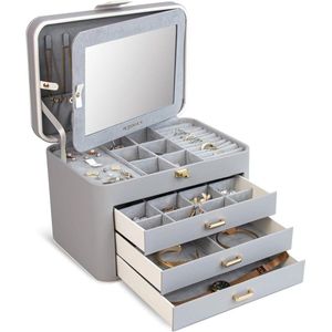 4-laags Sieraden Organizer Box met slot en spiegel - Opbergdoos voor vrouwen - Grijs