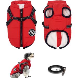 Geweo Hondenjasjes voor Hondjes - Dog Jacket - Met aanlijn ringKleine Hond -Waterafstotend - Gevoerd met rits - Warme hondenjas - Maat M - Rood - Trektouw 1.5 M