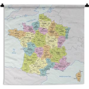 Wandkleed Kaart Frankrijk - Kleurrijke kaart van Frankrijk Wandkleed katoen 60x60 cm - Wandtapijt met foto