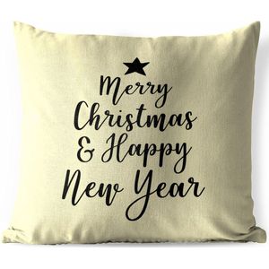 Buitenkussens - Tuin - Kerst quote Merry Christmas & Happy New Year op een gele achtergrond - 50x50 cm