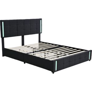 Sweiko 140x200cm Kussen bed met LED Lamphouder, 4 lades,Linnen Kussen plat eenpersoonsbed geschikt voor huid, kinderbed, jeugdbed,Grijs gastenkamerbed (zonder matras)