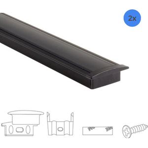 2x 2 meter aluminium led strip profiel inbouw - Zwart - 7 mm hoog - Slim line - Compleet incl. afdekkap - Voordeelset van 4 meter in totaal