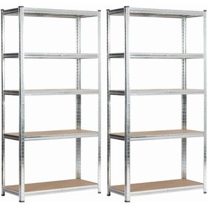 Dubbel Metalen Stellingkast 80x40x180 cm Zilver Galvaniseerd - 10 Planken, Staal/MDF, Zelfmontage, Max Belasting 175 kg per Plank, Ideaal voor Magazijnen en Workshops