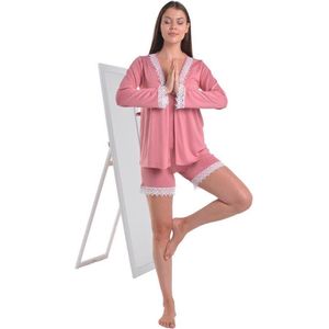 Dames Katoen Pyjama | 4-delige set | Katoen nachtkleding | Katoen nachthemd | Elegant Katoen Ochtendjas | Cadeau voor dames | kleur: roos | maat: XL(42)