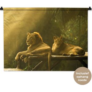 Wandkleed Leeuwen - Leeuwen in de jungle Wandkleed katoen 90x67 cm - Wandtapijt met foto