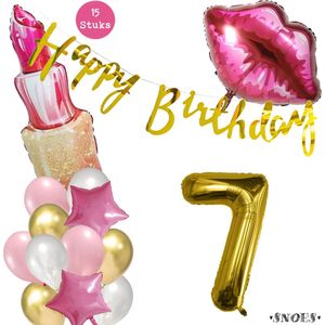 Snoes Beauty Helium Ballonnen Set 7 Jaar - Roze Folieballonnen - Slinger Happy Birthday Goud