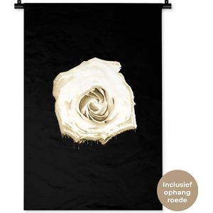 Wandkleed BloemenKerst illustraties - Close-up witte bloem tegen zwarte achtergrond Wandkleed katoen 60x90 cm - Wandtapijt met foto