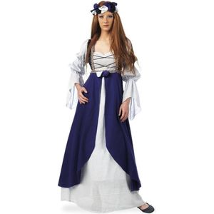 Limit - Middeleeuwen & Renaissance Kostuum - Kasteelvrouwe Middeleeuwen Slot Loevenstein Kostuum - Blauw, Wit / Beige - Maat 50 - Carnavalskleding - Verkleedkleding