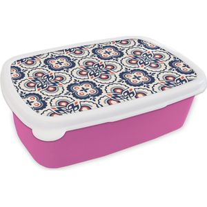 Broodtrommel Roze - Lunchbox - Brooddoos - Bloemen - Retro - Design - 18x12x6 cm - Kinderen - Meisje