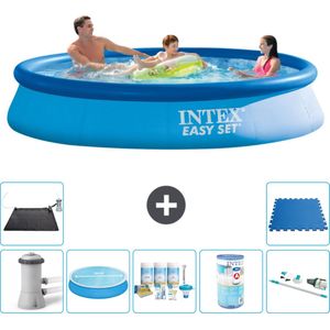 Intex Rond Opblaasbaar Easy Set Zwembad - 366 x 76 cm - Blauw - Inclusief Pomp Solarzeil - Onderhoudspakket - Filter - Stofzuiger - Solar Mat - Vloertegels