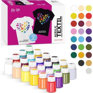 Textielverf Set 24x20 ml | Permanente Acryl Stofkleuren voor Schoenen en Kleding | Machinewasbaar | Creatieve Kado's