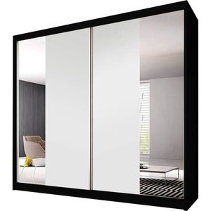 InspireMe- Zweefdeurkast Kledingkast met Spiegel Garderobekast met planken en kledingstang - 233x61x218 cm (BxDxH) - BEN 38 (Zwart)