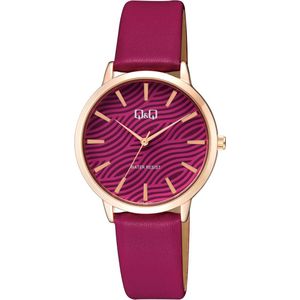 Q&Q Q26B-007PY - Horloge - Vrouwen - Dames - Leren band - Rond - Metaal - Streepjes - DonkerRoze/Frambozenkleur - Rosékleurig - 3 ATM