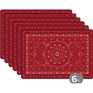 Placemat - Placemats kunststof - Perzisch Tapijt - Vloerkleed - Mandala - Rood - 45x30 cm - 6 stuks - Hittebestendig - Anti-Slip - Onderlegger - Afneembaar