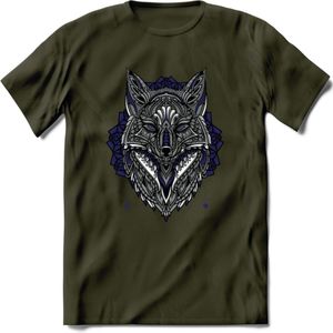 Vos - Dieren Mandala T-Shirt | Donkerblauw | Grappig Verjaardag Zentangle Dierenkop Cadeau Shirt | Dames - Heren - Unisex | Wildlife Tshirt Kleding Kado | - Leger Groen - S