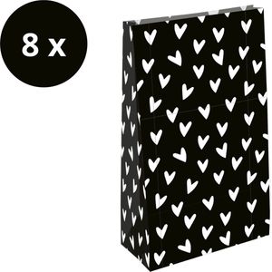8 x Papieren XL Cadeauzakjes Blokbodem | Traktatie Grote Uitdeelzakjes | Hartjes Zwart Wit | Leuke Verpakking Cadeau | 14 x 8 x 26 cm