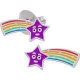 Oorbellen meisjes zilver | Zilveren oorstekers, paarse vallende ster met regenboogstaart