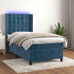 The Living Store Bed Fluweel Donkerblauw 203x103x118/128 - Verstelbaar hoofdbord - Kleurrijke LED-verlichting - Pocketvering matras - Huidvriendelijk topmatras