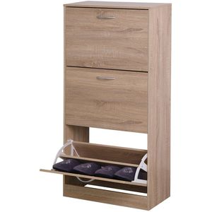 Merax Schoenenkast Eikenhout Met 3 Kleppen En Schoenenrek Smalle Opbergkast Voor Hal Of Gang 120 cm Hoog