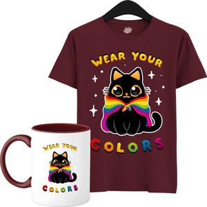 Schattige Pride Vlag Kat - Unisex T-Shirt Mannen en Vrouwen - LGBTQ+ Suporter Kleding - Gay Progress Pride Shirt - Rainbow Community - T-Shirt met mok - Unisex - Burgundy - Maat S
