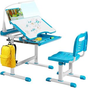 Kinderbureau met Bureaustoel - Kindertafel voor Jongen en Meisje - Tekentafel met Stoeltjes - Verstelbaar - Blauw met Wit