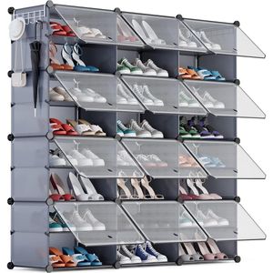Schoenenrek voor 48 paar schoenen, schoenenkast met 3 x 8 niveaus, smal, stofdicht kunststof schoenenrekken voor hal, slaapkamer, ingang, met deuren 30 x 40 x 30 cm per vak, grijs
