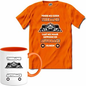 Voor mij geen therapie, laat mij maar gewoon de autorace kijken - Formule 1 - F1 race kleding - autorace cadeau - T-Shirt met mok - Heren - Oranje - Maat 3XL