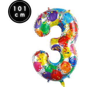 Fienosa Cijfer Ballonnen nummer 3 - Confetti patroon - 101 cm - XL Groot - Helium Ballon- Verjaardag Ballon - Carnaval Ballon