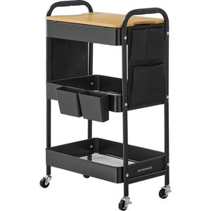 Furnstar Rolwagen - Keukentrolley - 3 Metalen Roosterplanken - Serveerwagen - 2 Afneembare Hangbakken - 2 Organizers - Voor Kantoor - Keuken - Woonkamer - Badkamer - Inktzwart - LRC036B01