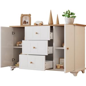 Merax Klassieke Dressoir - Kast met 3 Lades en 2 Deuren - met Natuurlijke Handgrepen - Opbergruimte voor Woonkamer en Slaapkamer - MDF+Spaanplaat - Wit+Natuurlijk