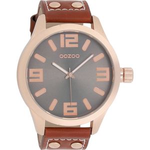 OOZOO Timepieces - Rosé goudkleurige horloge met cognac leren band - C1106