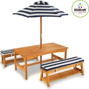 KidKraft Houten Kinder buitentafel en bankjes set marineblauw/hout