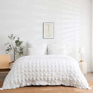 Wit beddengoed, 155 x 220 cm, voor meisjes, exquise beddengoed, met ruches, elegant, eenkleurig, microvezel, dekbedovertrek, romantisch wit, seersucker, dekbedovertrek met kussenslopen 80 x 80 cm