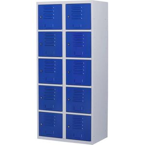 Lockerkast metaal met slot - 10 deurs 2 delig - Grijs/blauw - 180x80x50 cm - LKP-1064