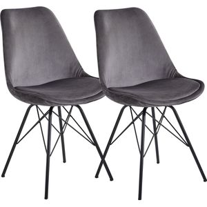 Rootz Set van 2 moderne eetkamerstoelen - Scandinavisch design - Fluwelen zitkussen - Stevige metalen poten - Grijs en zwart - 48 cm x 86 cm x 58 cm - Voorkomt krassen op de vloer - Comfortabel zitten - Veilige standaard
