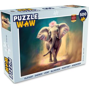 Puzzel Olifant - Dieren - Verf - Bloemen - Portret - Kinderen - Legpuzzel - Puzzel 500 stukjes