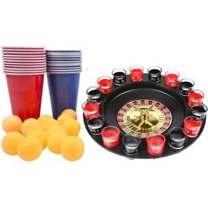 Bierpong + Drankroulette Drankspel - Beerpong Bekers 50 stuks + pingpongballen + Feesthoed 6 stuks