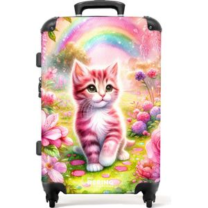 NoBoringSuitcases.com® - Kinderkoffer meisje - Kindertrolley meisjes - Roze kitten - Koffer kind groot - Rolkoffer lichtgewicht - Reiskoffer met 4 wielen - Grote trolley XL - 20 kg bagage